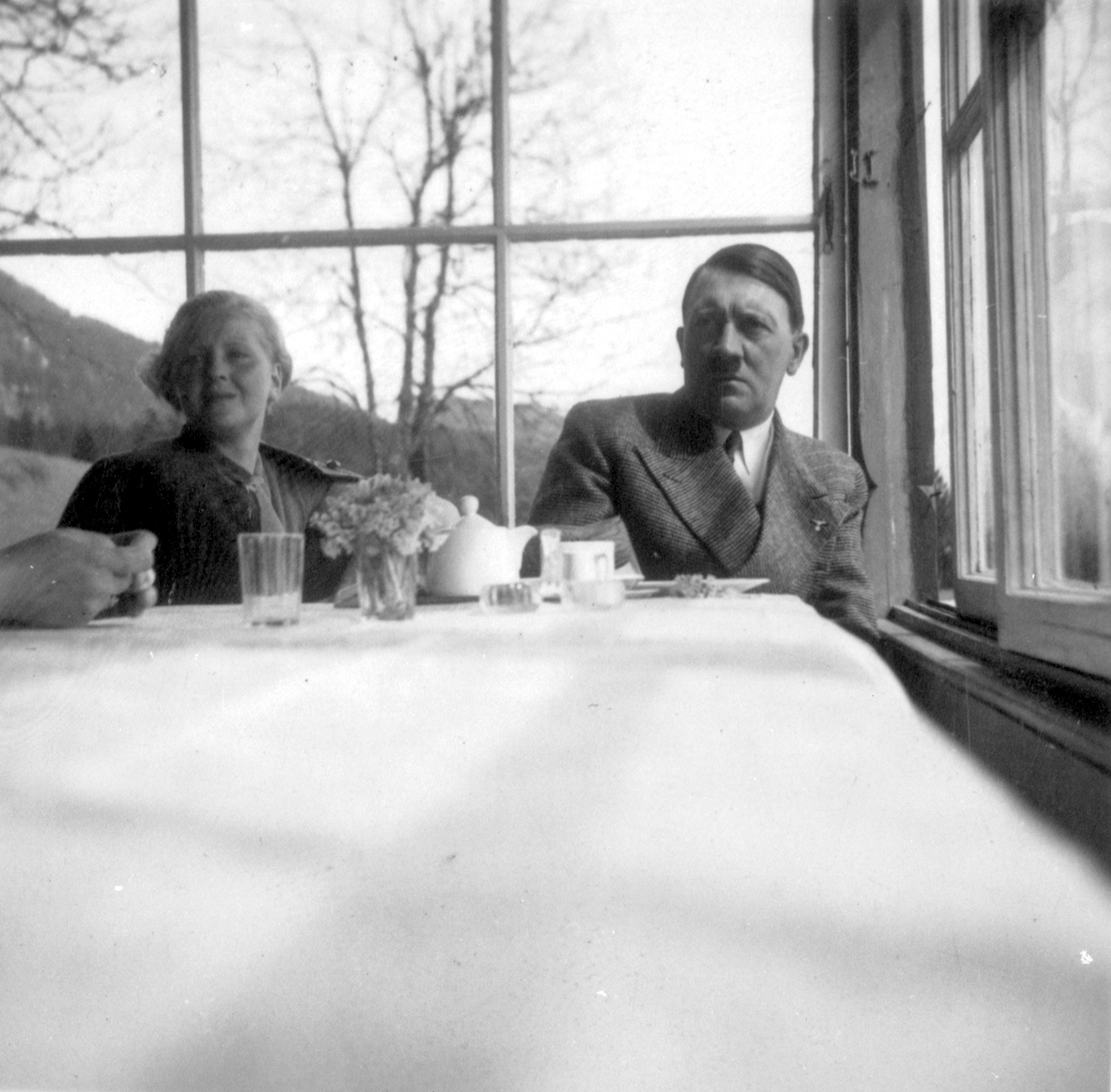 Adolf Hitler taking tea with Eva Braun in the Aule Alm restaurant in Garmisch-Partenkirchen, from Eva Braun's albums